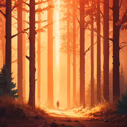 there is an orange and yellow light coming through the trees,a person stands alone between the trees and the light