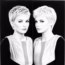 a pair of blonde haired women with short hair