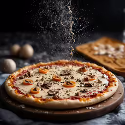 a pizza sprinkled with pepperoni is sitting on top of a wooden board