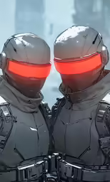 a pair of futuristic soldier looking out the window at another