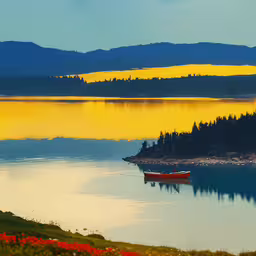 an art print with a lone boat and water,a lone boat is floating down a beautiful lake