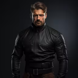 a man dressed in black jacket and leather pants posing for a photo,a man wearing a leather outfit is posing for a portrait