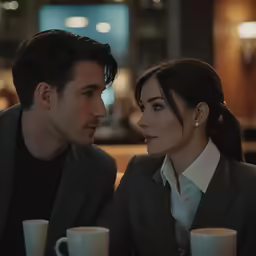 man and woman sitting down talking with cups