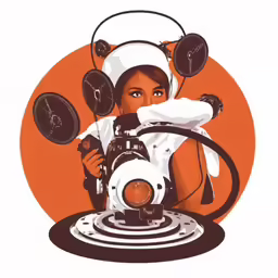 an orange and white art piece with a woman holding headphones