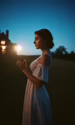 a woman in white dress holding a lit match