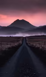 a dirt road leading into the horizon with a pink sky