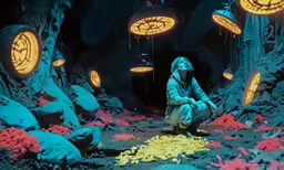 a girl in a dark room with lots of lights