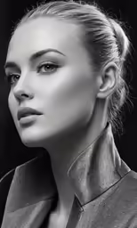a woman with shiny clothes and a ponytail in a black and white photo