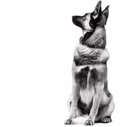 black and white photograph of a german shepard sitting with his head on the side