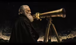 an old man holding an astronomical telescope and looking into the distance