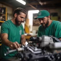 two men standing next to each other working on a camera