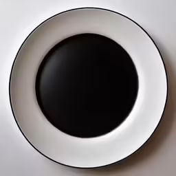 an overhead view of a black and white plate