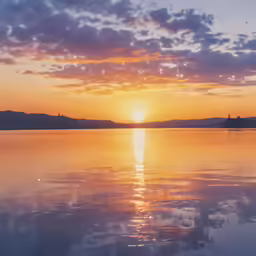 a picture taken from the shore of the water at sunset