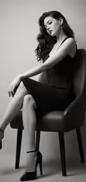 a woman is sitting on a chair, posing for the camera