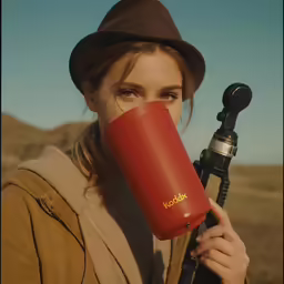 the woman is carrying a camera, a camera and an umbrella to her face