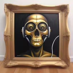a painting on a wall of a skeleton holding a telephone