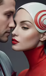 man and woman with head covering each other