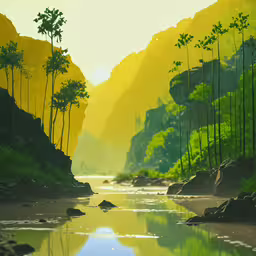 a river in a forest with mountains, rocks and trees,a painting of a river with green hills behind it