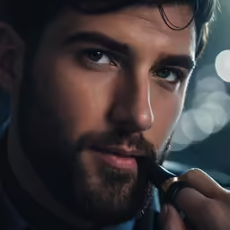 a man with a tie, jacket and tie, putting on his black pen in his mouth