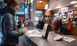 a girl writing down notes at the counter of a book store