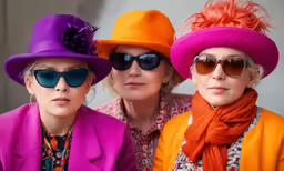three women with colorful hats are posing for the camera
