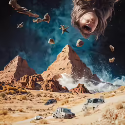 two girls and four cars flying over the desert