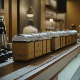 a model train set with people walking past by it