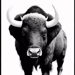 an ox with big horns stands with its long hair down
