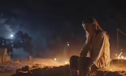 a woman sitting next to the fire in the dark