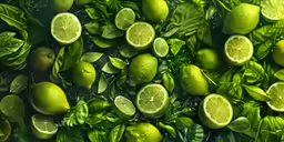 a closeup of limes on leaves and green apples