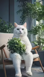 a cat is holding plants and sitting on a bench