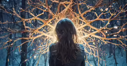 a woman in the snow, with bright lights on her head