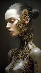 the body of a woman is surrounded by mechanical parts,an image of a robot with large parts on his head