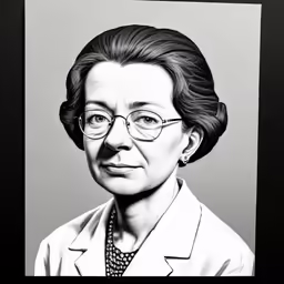 a black and white photo of a woman with glasses