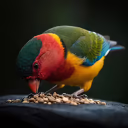 the colorful bird is standing on the seeds