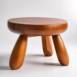 a wooden stool with curved legs on a white surface