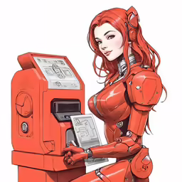 a woman in a robotic suit is touching a machine