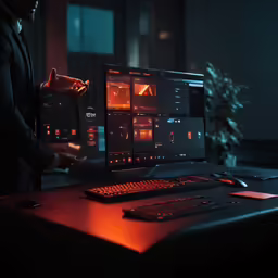 there is a man looking at an office screen