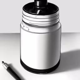 a white canister with a pen on the side