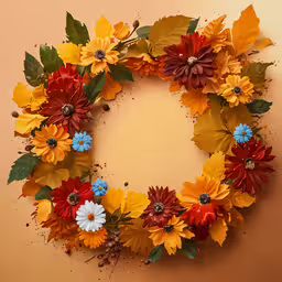 a dried wreath sits on a yellow wall,a close up of an arrangement of flowers arranged in the shape of a wreath