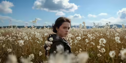 a woman with a hairband in the middle of a field