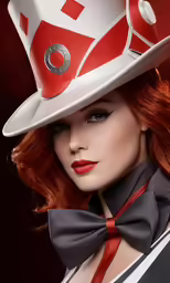 a red - headed woman wearing a red and white top with big, pointed horns