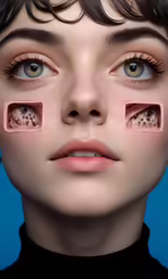 the face and eyes of a woman with two pink squares in each corner