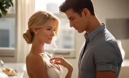 a young man and woman looking at each other