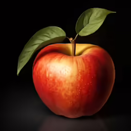 an apple is displayed with a single green leaf