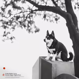 a black and white photo of a dog sitting on the edge of a wall