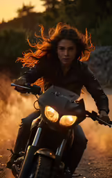 a woman riding on the back of a motorcycle in the desert