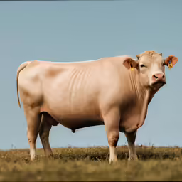 a white cow standing on top of a grass covered field