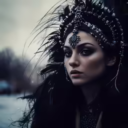 woman with feathery hair and headpiece on a street