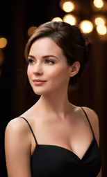 a woman with a black dress is posing